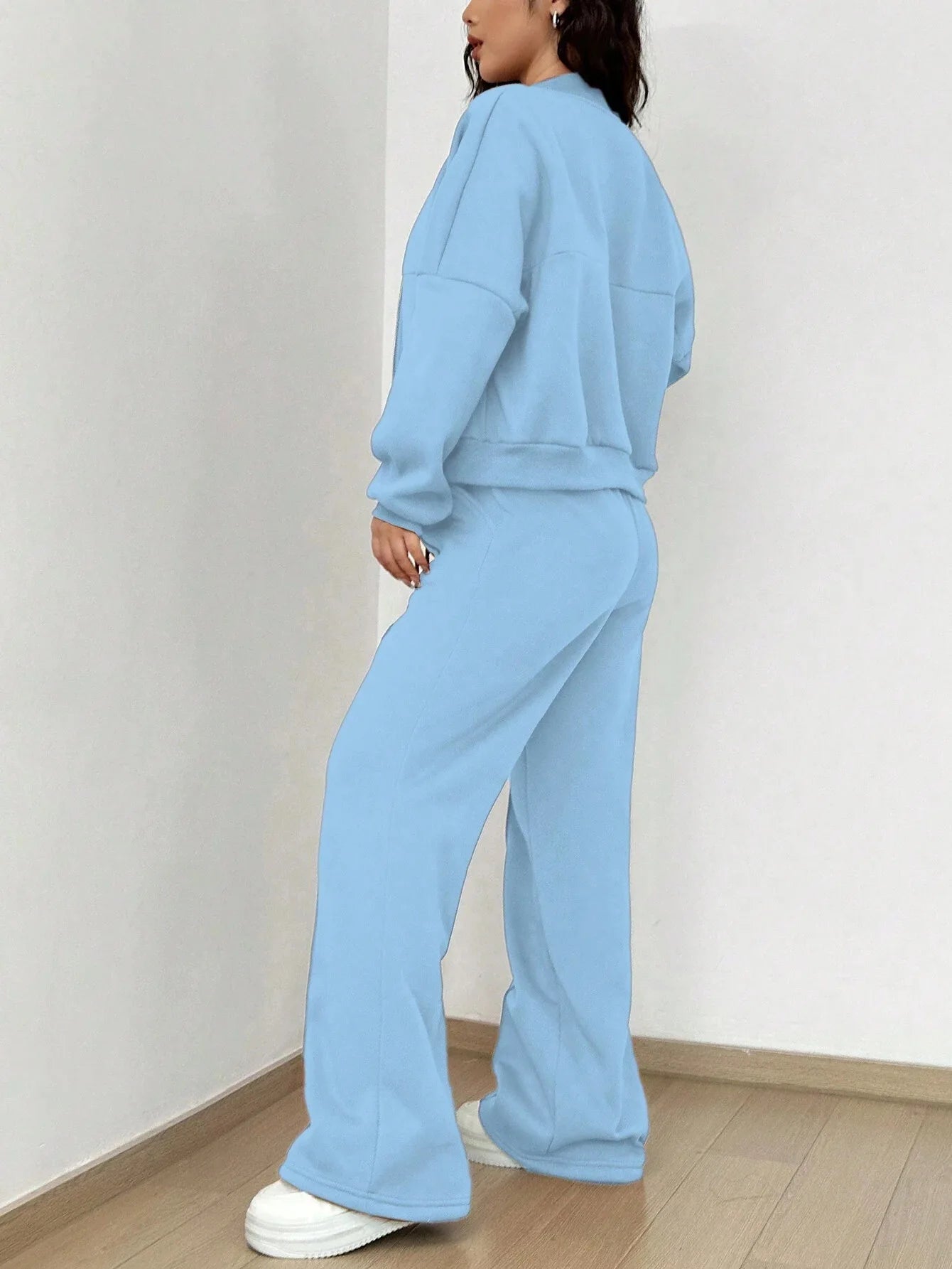 Women's two-piece casual set, solid color, sweatshirt, long sleeves, zip-up coat, long pants, pockets, elegant, autumn/winter 2025