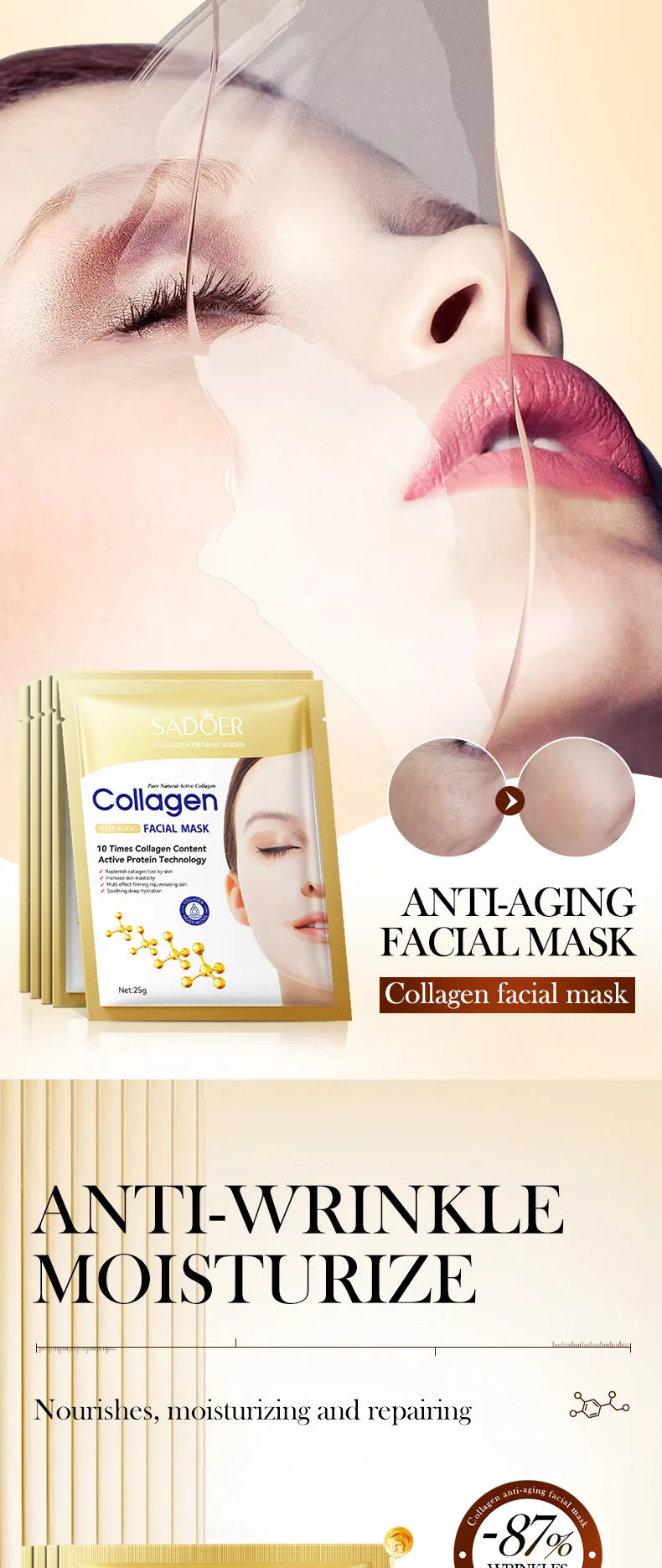 Masque Facial Anti-rides au collagène Bio, Anti-vieillissement, estompe les ridules, raffermissant, hydratant en profondeur, éclaircissant, réparation, soins pour la peau