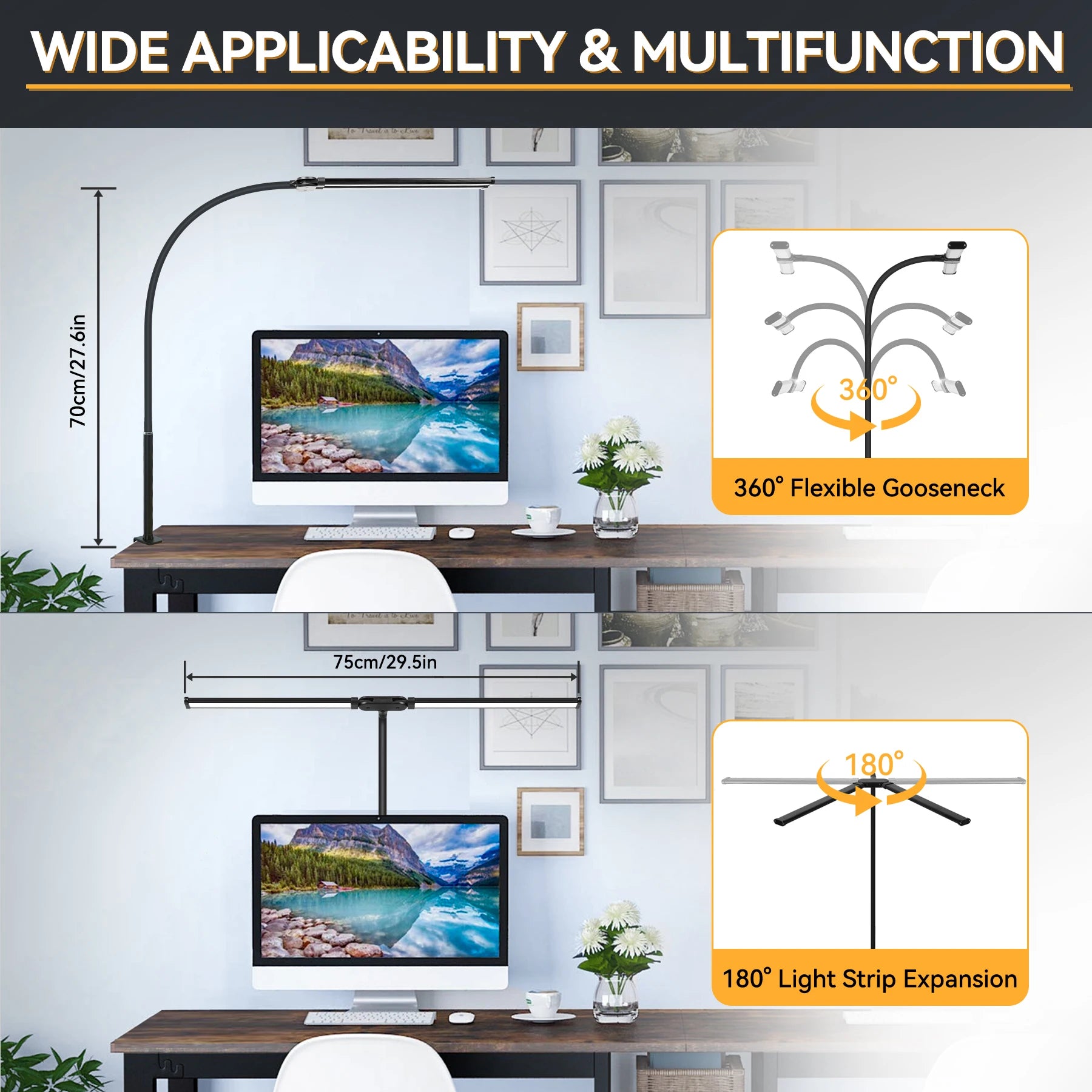 Lampes de bureau LED à double tête, lumière de moniteur d'ordinateur à intensité variable en continu, lampe de table USB pour étude de bureau, luminaire de lecture  lumiere bureau  lampe ecran ordinateur