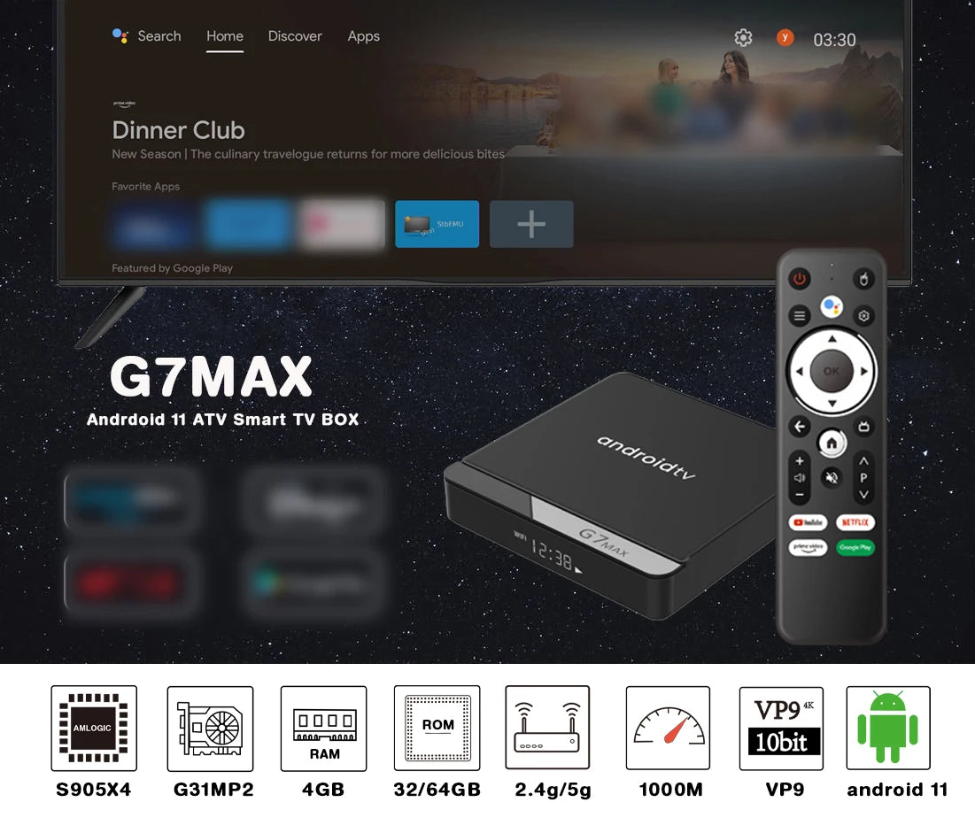 G7 Max Smart TV Box Android 11 S905X4 4GB 64GB 1000M AV1 4K HD 2.4GHz/5GHz double Wifi USB3.0 décodeur lecteur multimédia 4GB 32GB