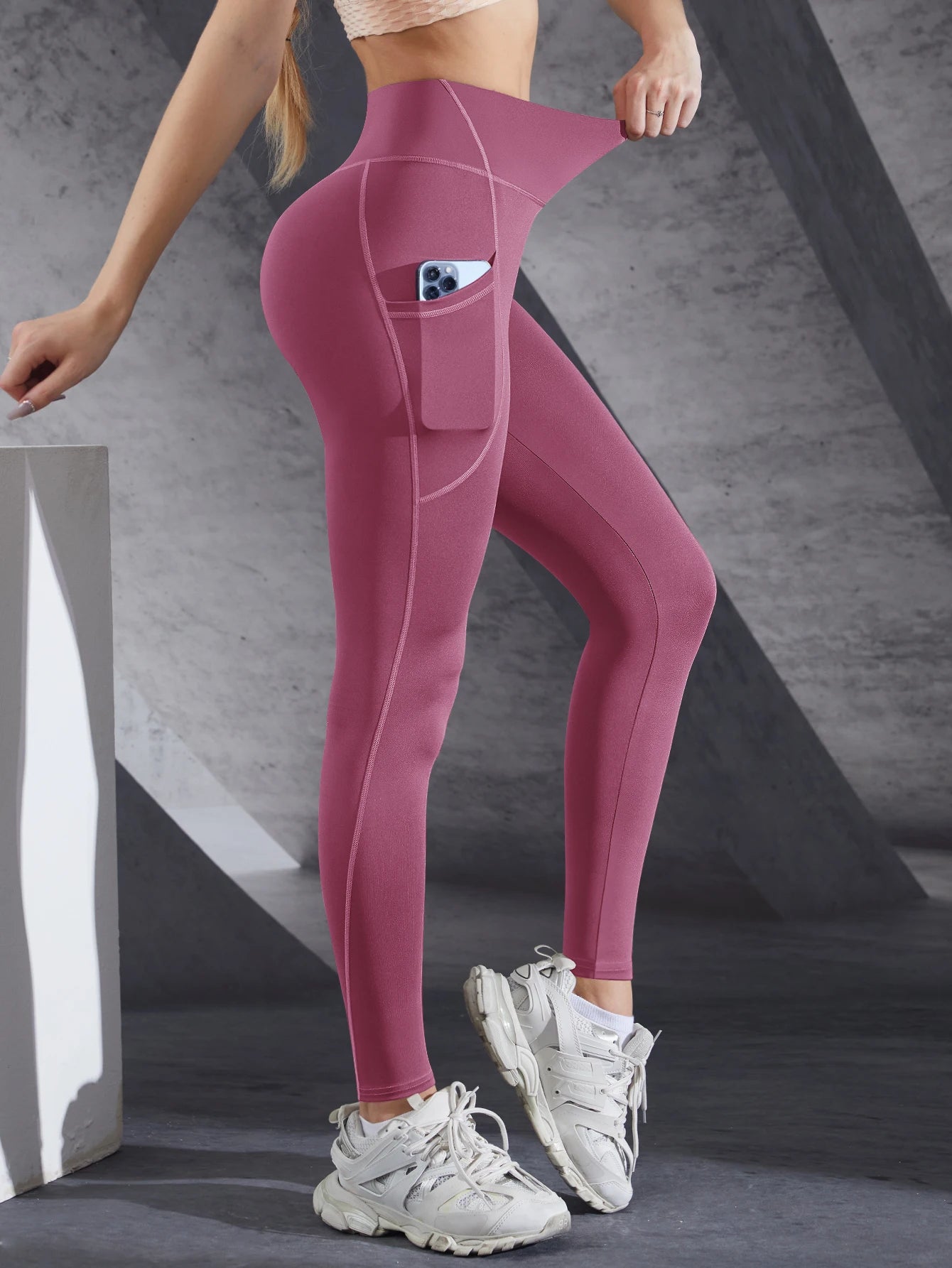 Leggings à poches latérales de couleur unie pour femmes, vêtements de sport taille haute, pantalons de Yoga, Push Up, Fitness