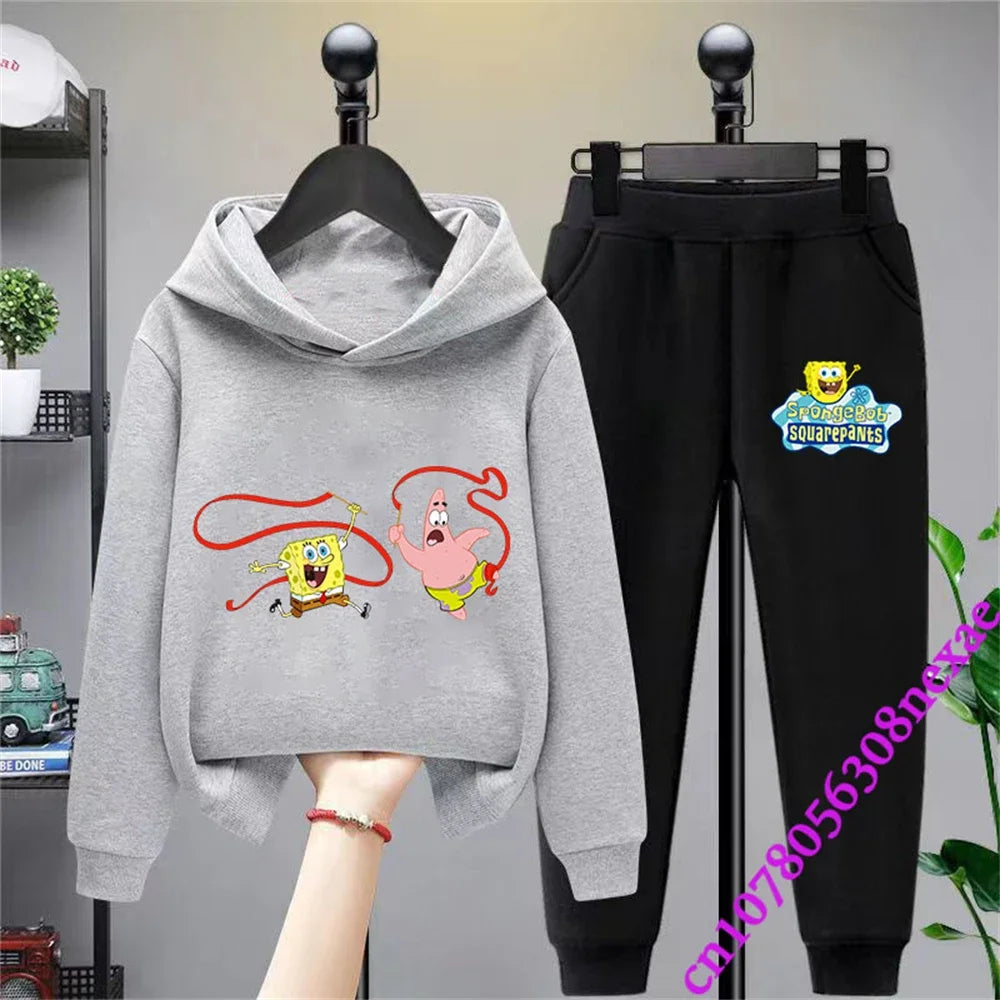 Spongebob-Pull imprimé dessin animé pour enfants, vêtements pour garçons et filles, imbibé, printemps et automne, Sportif, fjedly, 2 pièces