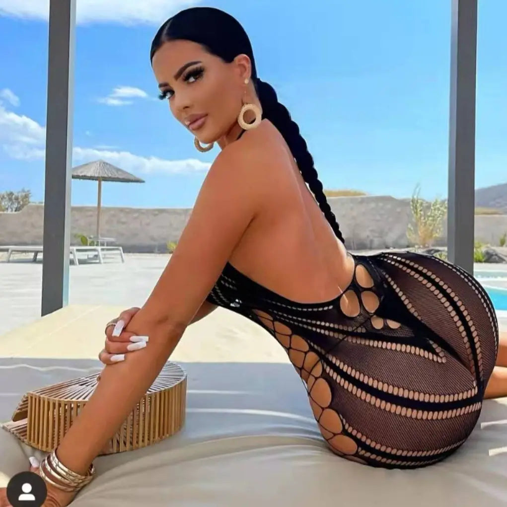 Sexy femmes résille licou robe dos nu coupe basse serré crayon robe mignonne grande taille Mini robe boîte de nuit robe de danse Beatchwear