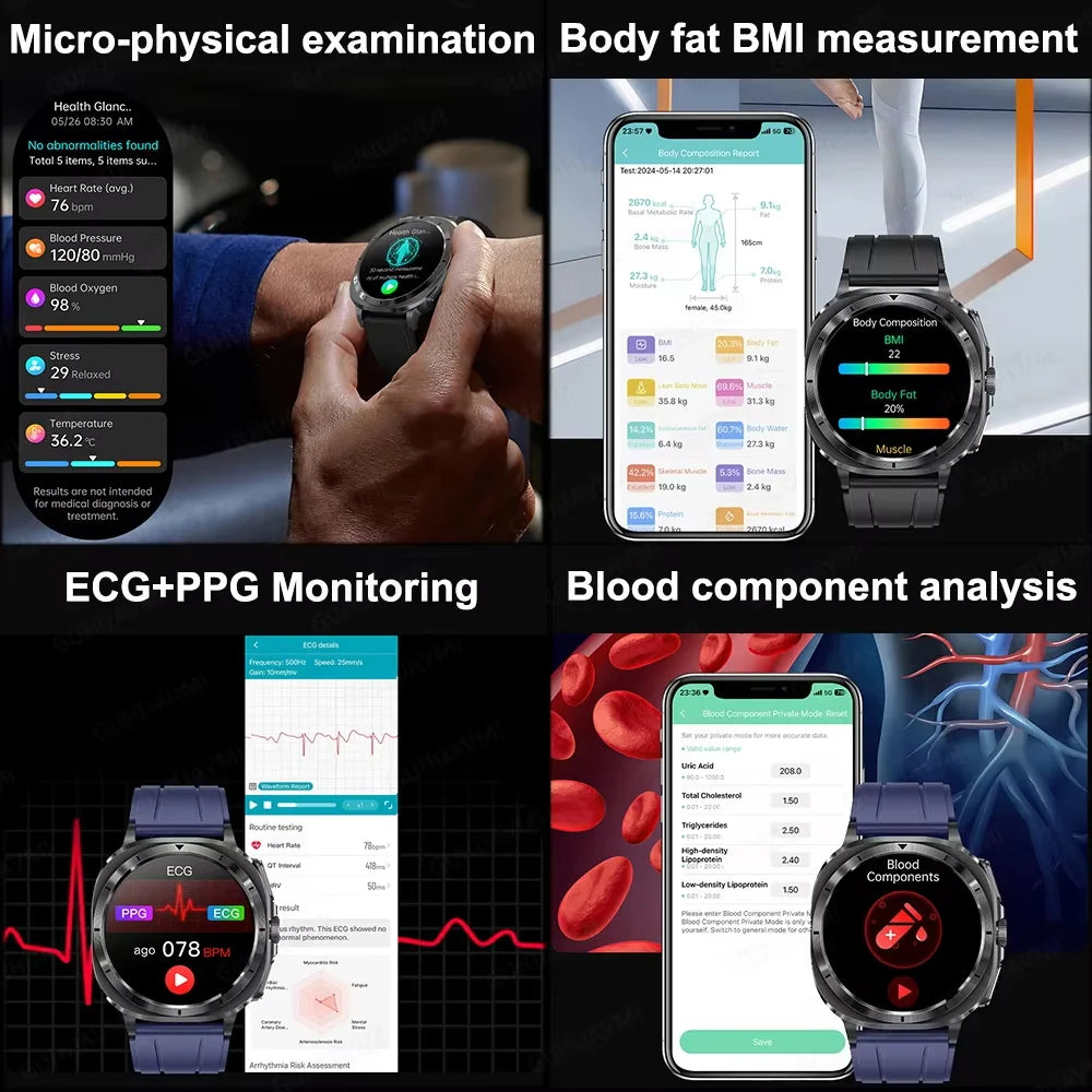 Montre connectée pour hommes, nouveau niveau Expert, santé, ECG + PPG, moniteur Laser, acide urique, graisse sanguine, pression artérielle, NFC, appel HD, 2025