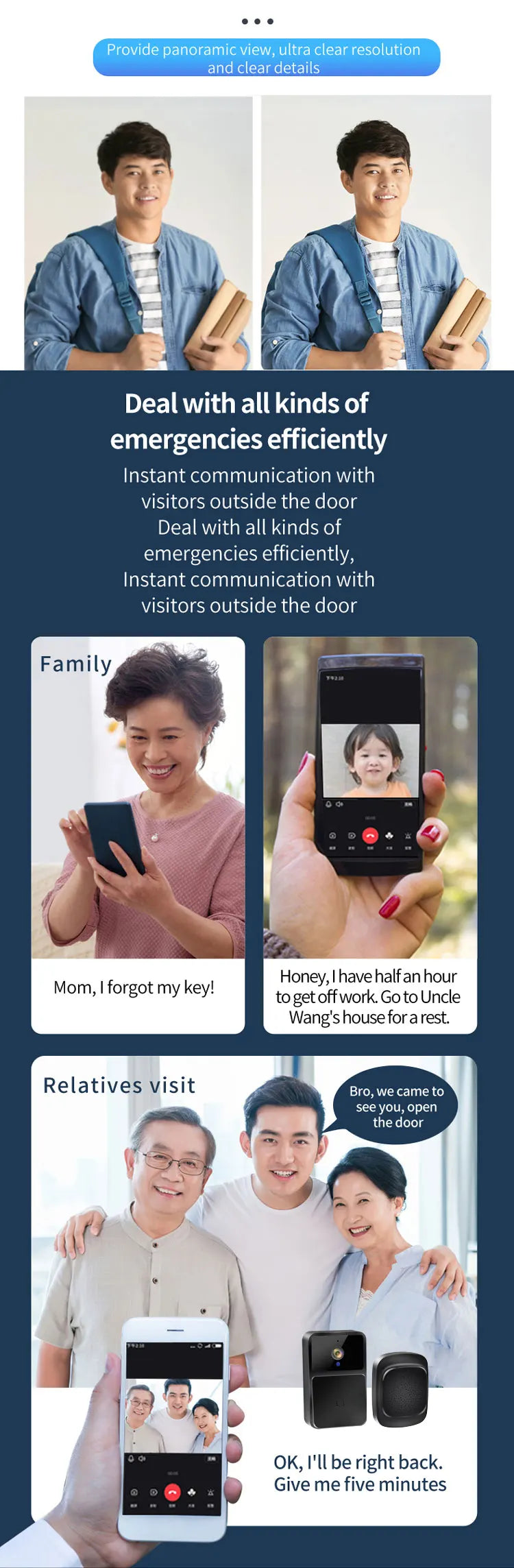 Caméra de sonnette vidéo Wi-Fi, interphone bidirectionnel, changement de voix pour la maison, vision nocturne HD, sans fil, batterie de sécurité intelligente, sonnette de porte