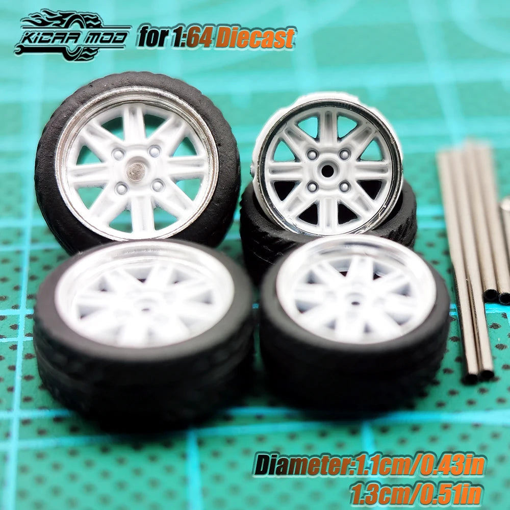 KicarHapp1/64-Jantes Métalliques ABS avec Caoutchouc pour Voiture Miniature, Pièces de Réaménagement Avant, Petite et Arrière