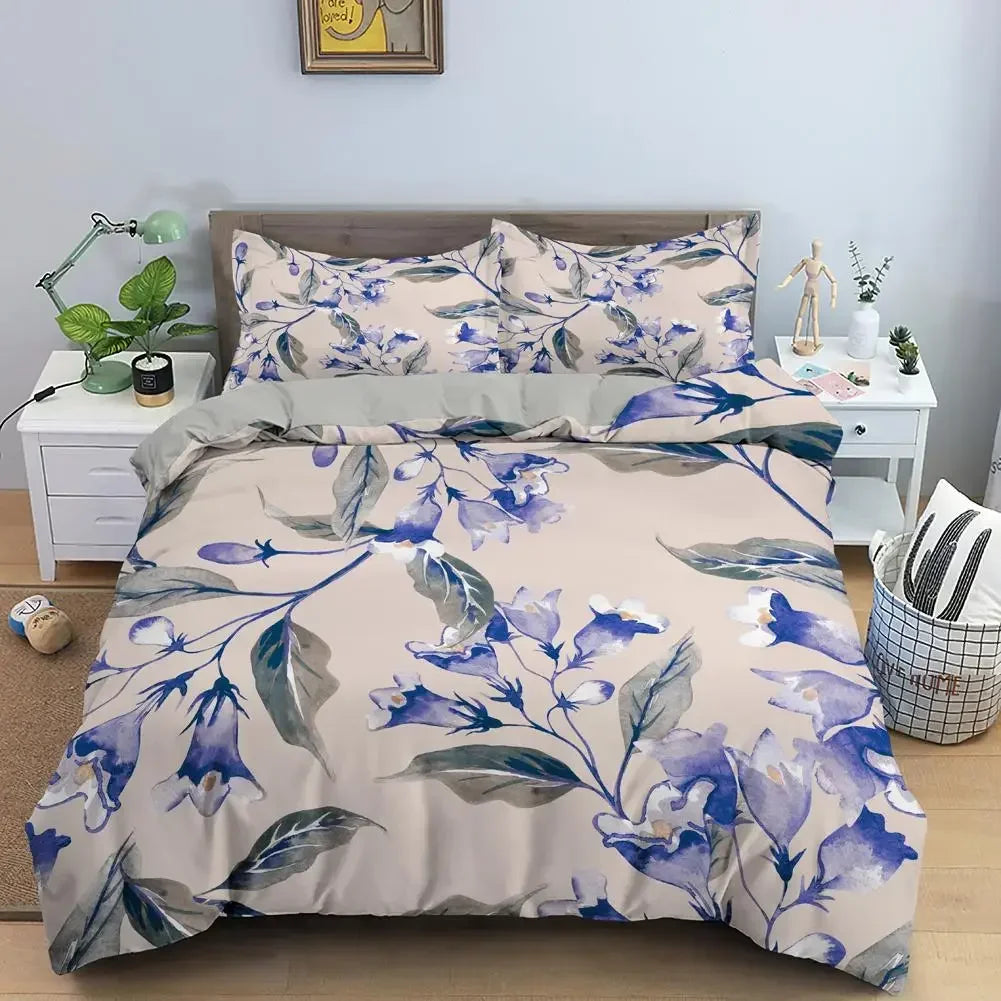 Royal Blue Gold Flower Classic Duvet Cover Sets, Queen, Full, Double Duvet Covers Pillowcases Bedding Set 260x220cm