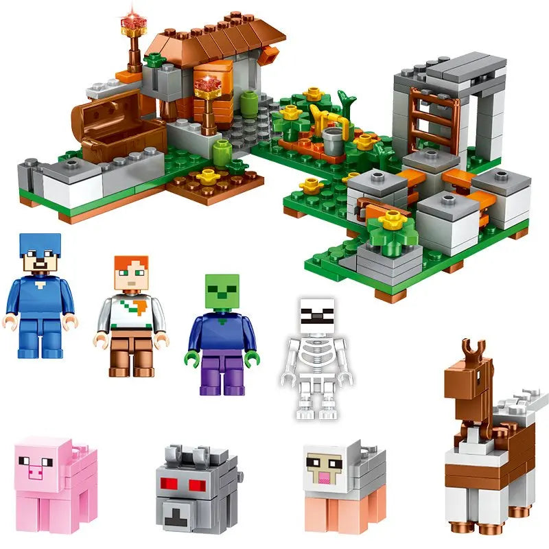 Blocs de construction de puzzle pour enfants, toboggans de village, grottes, mines, villes de chevaux, chats, léopards, jungles, jouet éducatif pour