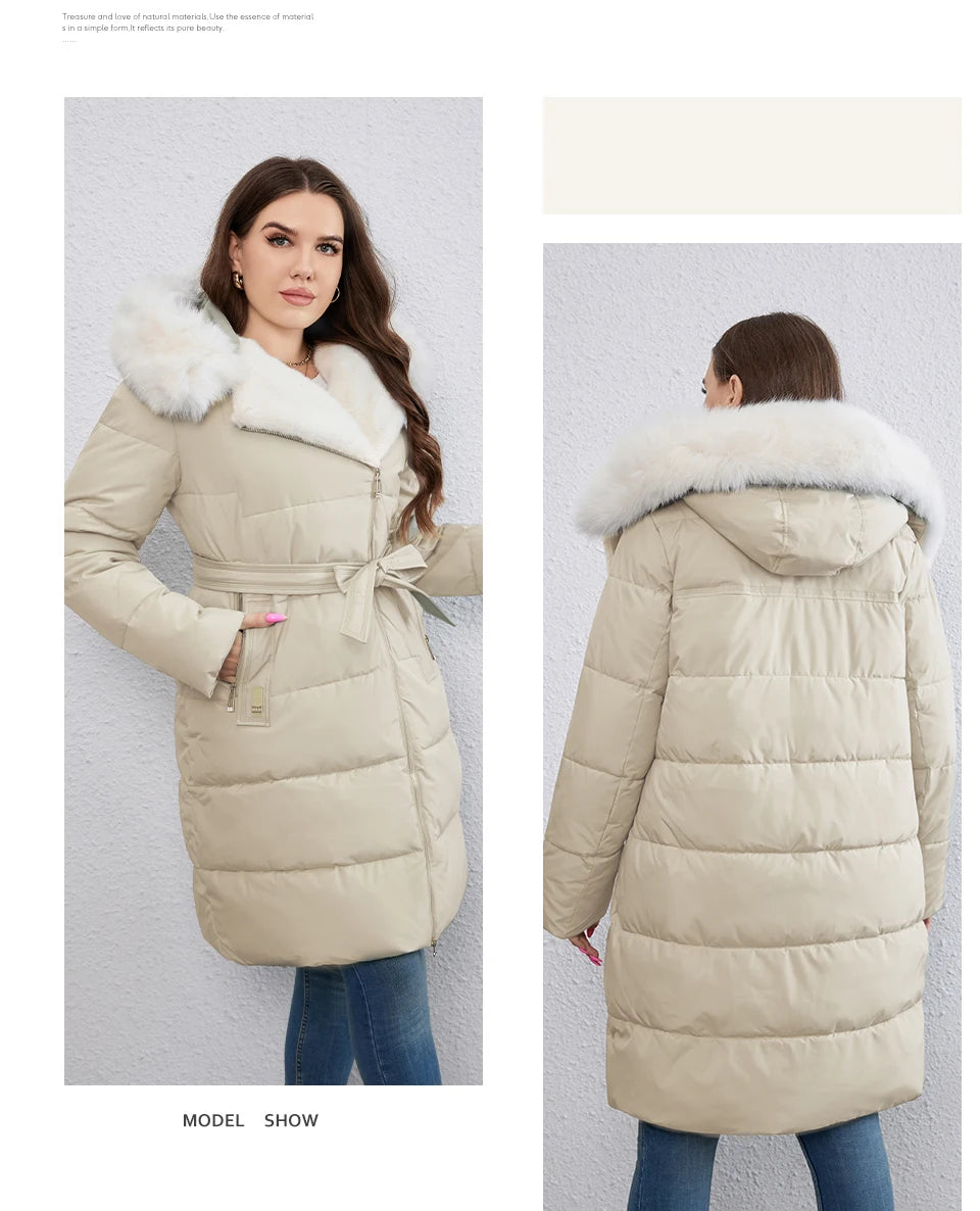 HaiLuoZi-Doudoune Longue en Coton pour Femme avec Ceinture en Fourrure, Manteau à Revers, Fermeture Éclair Indépendante, Vêtements d'Extérieur, Nouvelle Collection Hiver 2023, 1171