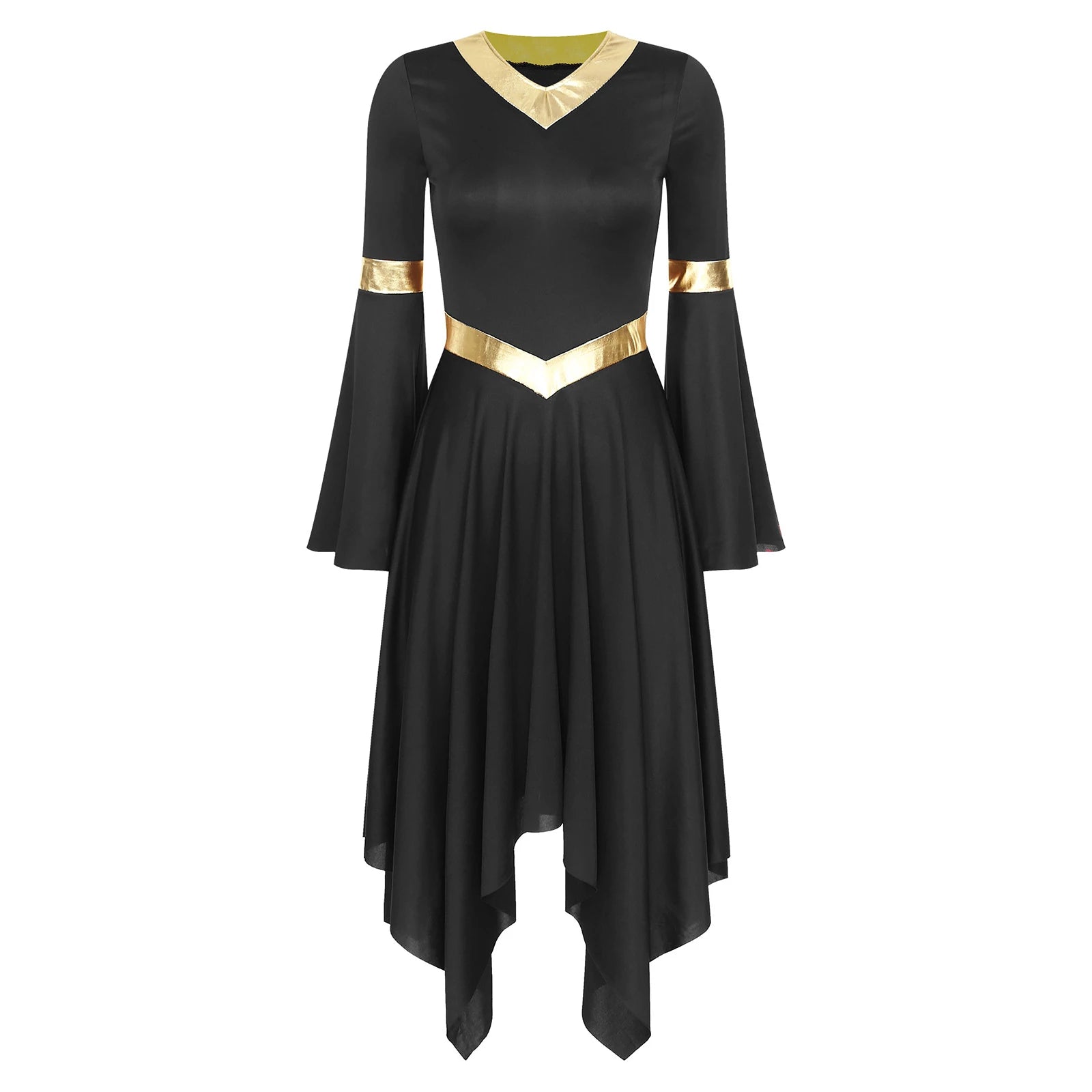 Robe de danse lyrique à manches longues pour femmes, robe à ourlet irrégulier, costume de spectacle liturgique, vêtements de danse modernes, culte de la chorale d'église