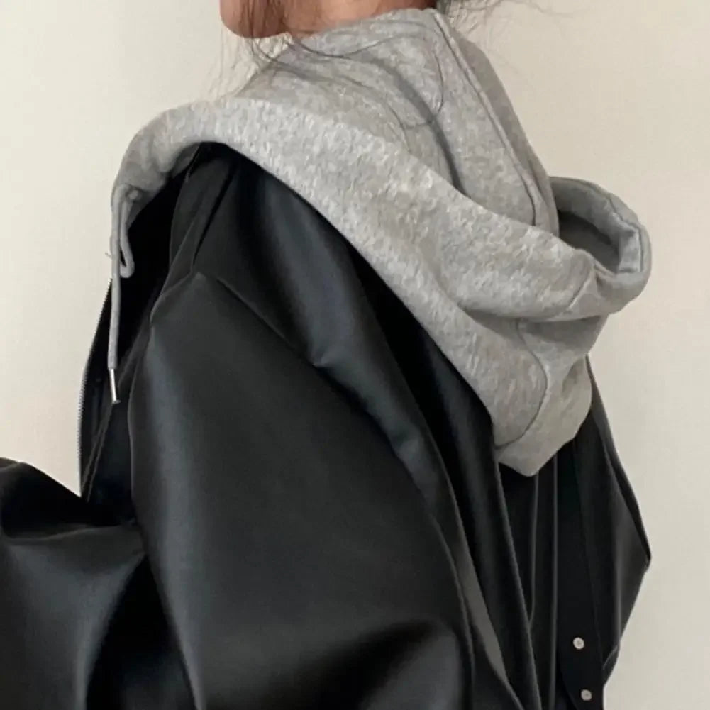Women's Two-Piece PU Faux Leather Hooded Jacket, Short, Vintage, Casual, Fashionable, Spring/Autumn 2025