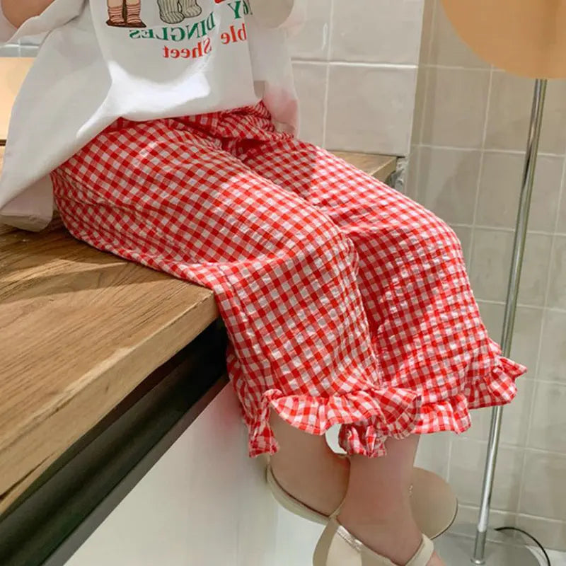 Pantalon en dentelle à carreaux pour filles, léger et confortable, vêtements d'extérieur pour enfants, mode décontractée, nouveau, été, 2024