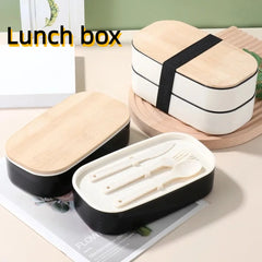 Boîte à Déjeuner Synchronisée avec Couvercle en Bois pour Pique-Nique, Micro-ondes, Bento Japonais, Portable, Double Couche, Récipient Alimentaire pour Enfants, 1200ml