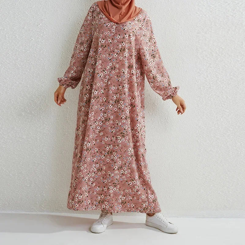 Women's Pop Eid Muslim Abaya Ramadan Moroccan Arabic Pockets Long Floral Dress Dubai Caftan Islamic Abayas Zippers Casual Dresses