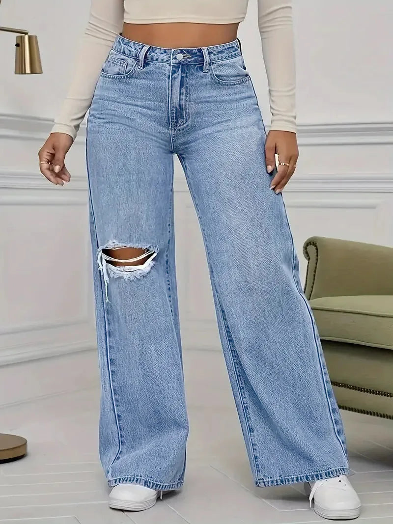 Pantalon en Denim à jambes larges pour femmes, ample, taille haute, trou de personnalité délavé, nouvelle mode classique décontractée, longueur au sol, quatre saisons