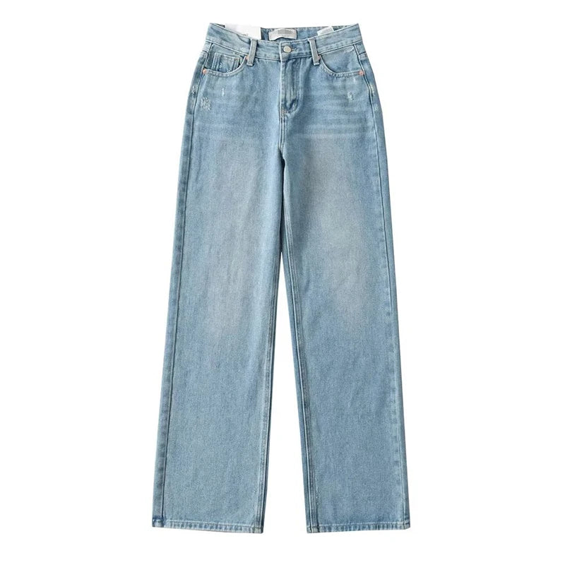Jean bleu femmes taille haute 2025 ample décontracté petit ami jean Long pour le travail dames Simple jambe droite Denim pantalon pour les femmes