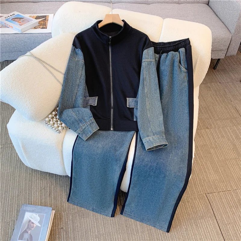 Ensemble pantalon en Denim, col montant, Patchwork, manteaux de rue, hauts à jambes larges, jean gothique droit, Vintage, ensemble deux pièces Simple