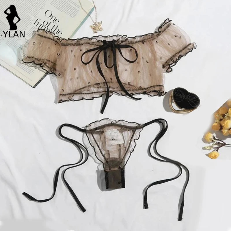 Ensemble de soutien-gorge à fleurs pour femmes, Lingerie Sexy, mignon, sans bretelles, Bralette, culotte, sous-vêtements fantaisie, intime, Transparent, érotique