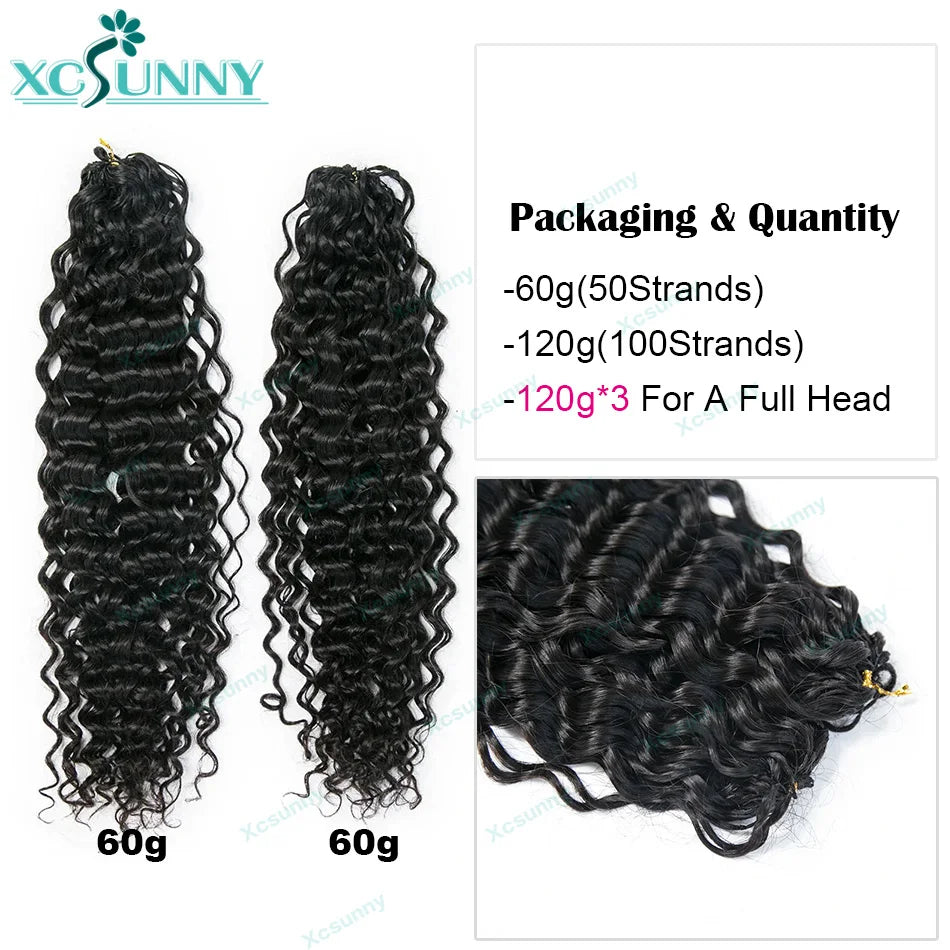 Crochet curly human hair extensions, knotless, pre-parted, feathery, human hair, water wave, invisible knot with string