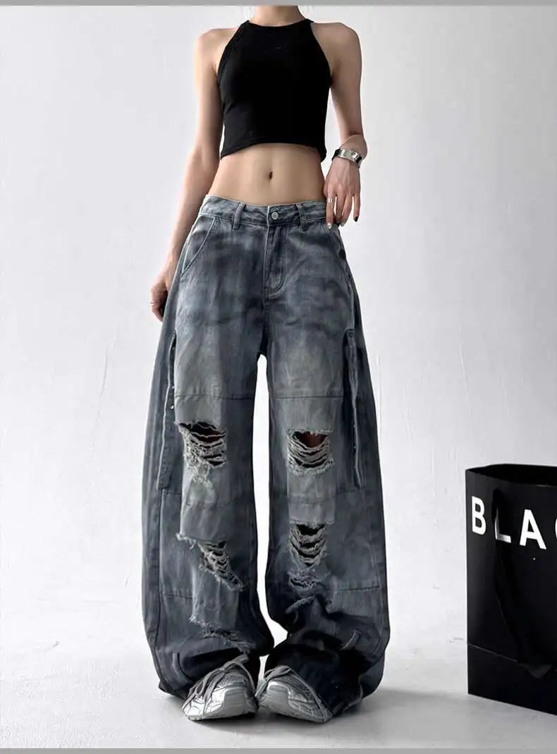 Femmes jean pantalon américain haute rue déchiré droit jambe large jean pour femmes conception cravate-teinture Jazz danse Cargo pleine mince jean