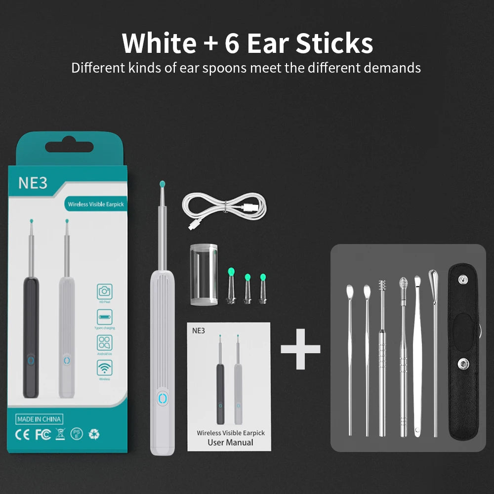 NE3 nettoyeur d'oreilles outil de retrait de cire d'oreille de haute précision avec caméra LED Otoscope sans fil Kit de nettoyage d'oreille intelligent meilleur cadeau