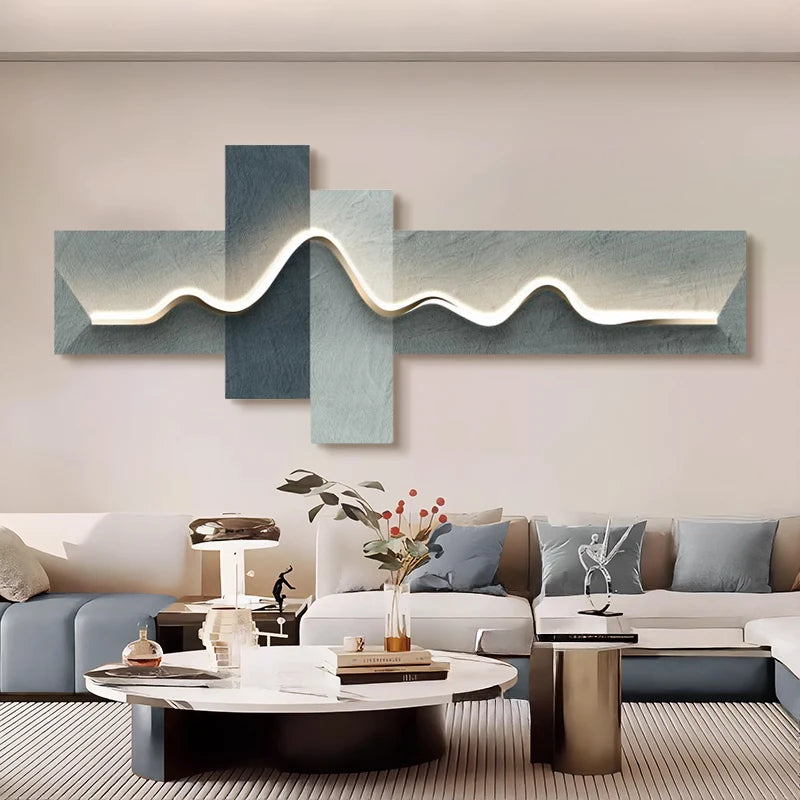 Master bedroom, living room, geometric decor, office, painting with lights, luxury sofa, TV background, hanging wall photo, bedroom beds