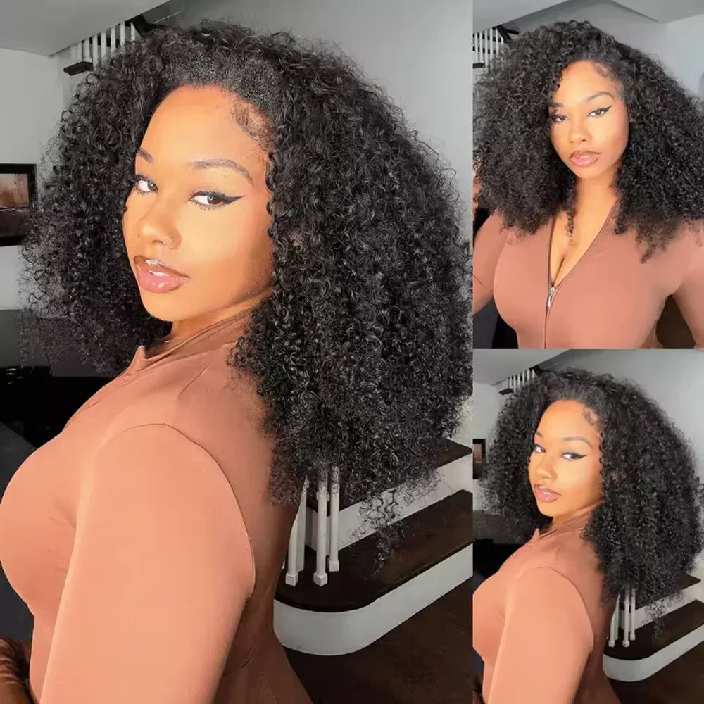 Demi-perruque cheveux humains crépus bouclés sans colle perruque cheveux humains prêt à porter 3 en 1 demi perruque avec cordon 250 densité bouclée demi-perruque