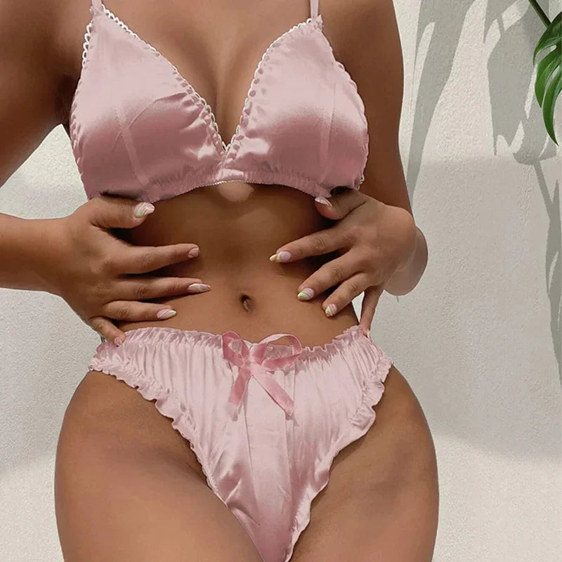 Costume de Lingerie érotique pour femmes, sous-vêtements Sexy sans fil avec nœud papillon, ensemble deux pièces blanc féminin