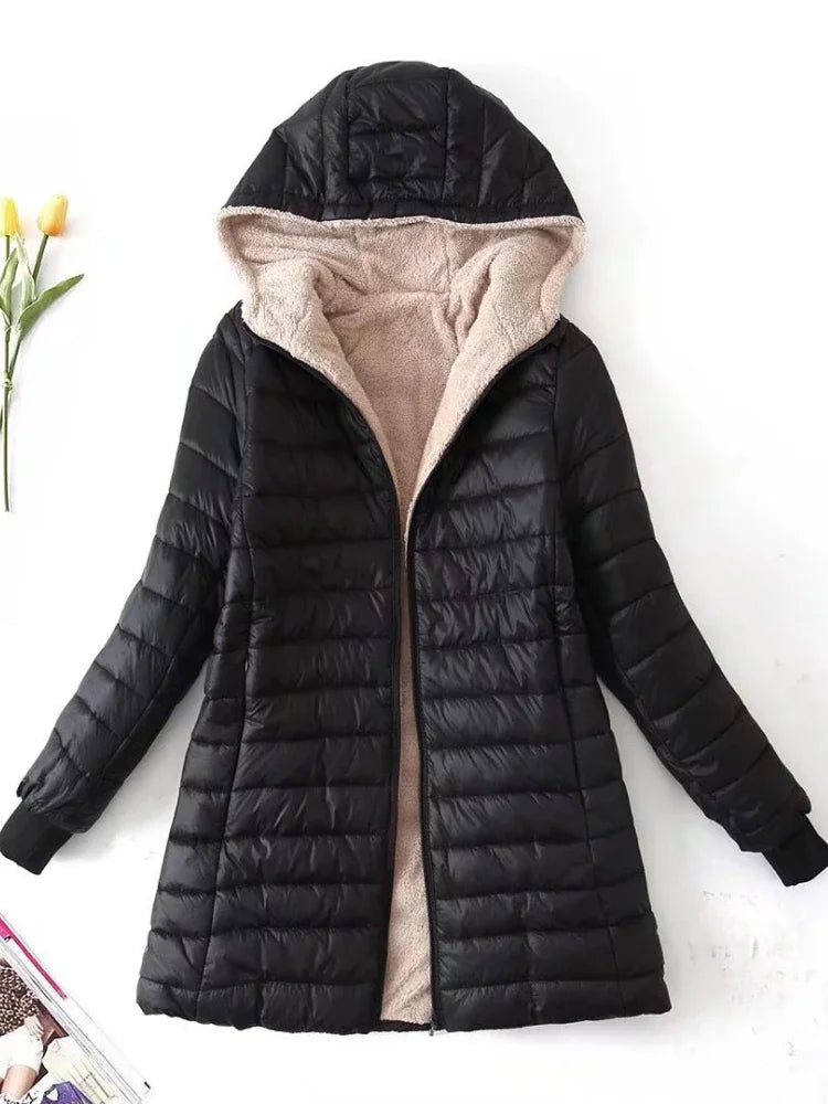 New Autumn/Winter Women's Fashion Korean Edition Elegant Hooded Straight Parka Warm Flannel Jackets for Women's Clothing
