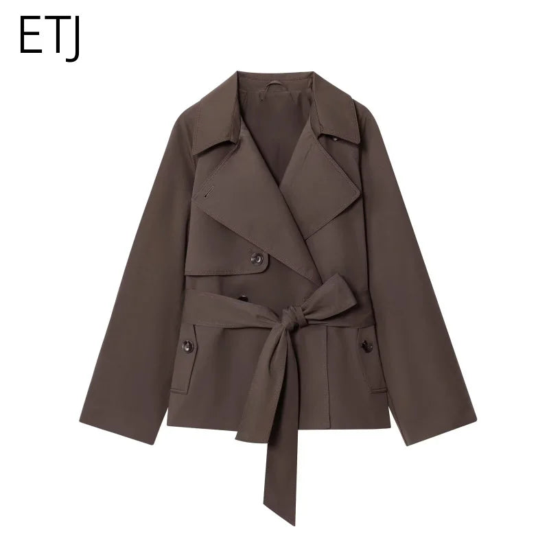 ETJ Autumn 2025 New Collection Women's British Style Double-Breasted Lapel Mesh Colour Belted Casual Trench Coat