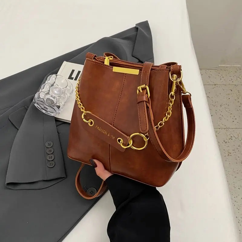 Women's PU leather chain bucket bag, Korean style handbag, shoulder bag, 2025 