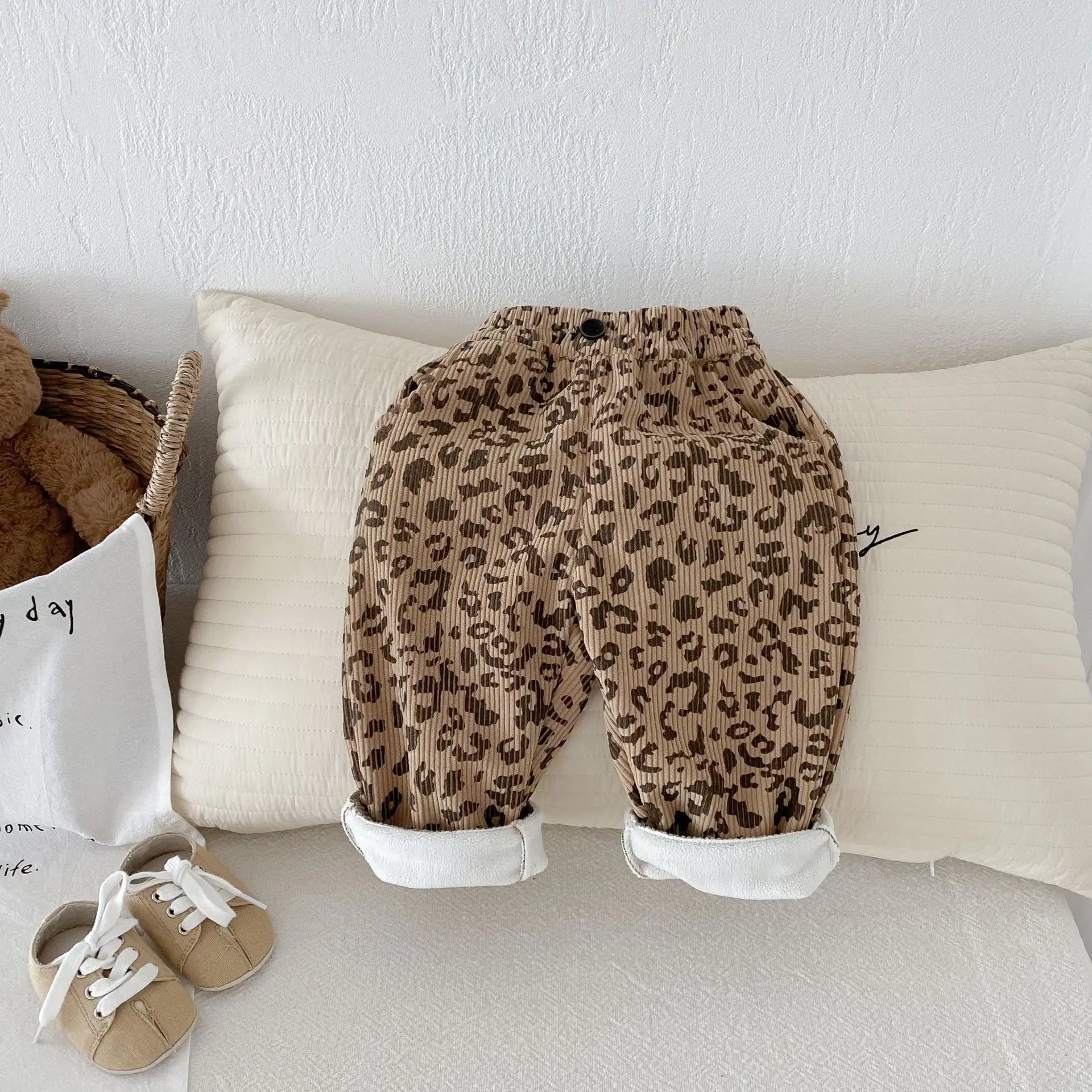 Vêtements coréens pour enfants de 0 à 5 ans, pantalons d'hiver chauds en velours côtelé imprimé Floral, doublés en polaire, pour bébés garçons et filles, 2025