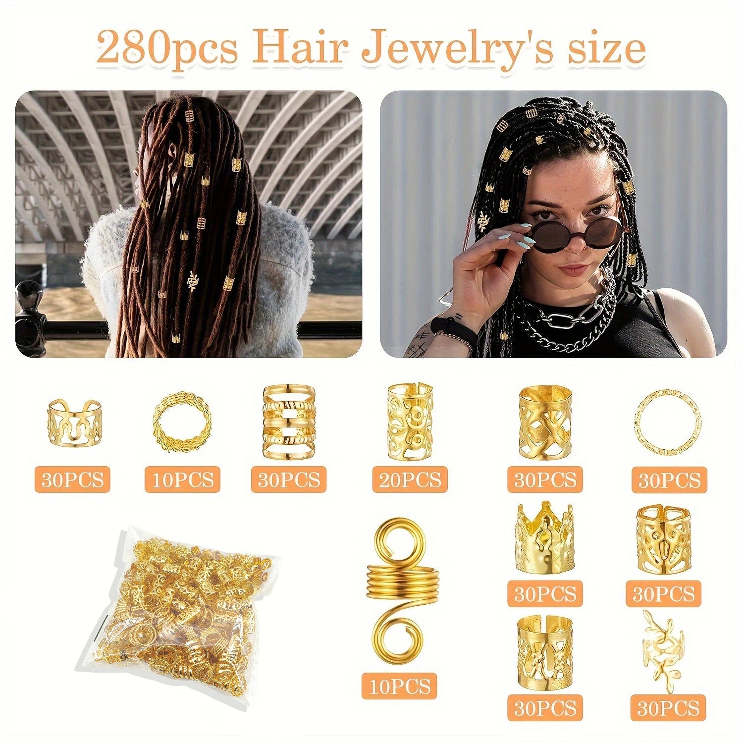Ensemble d'accessoires pour cheveux en alliage unisexe, style bohème élégant, motifs creux et perlés, forme ronde, bijoux de cheveux décoratifs, 280 pièces