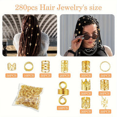 Ensemble d'accessoires pour cheveux en alliage unisexe, style bohème élégant, motifs creux et perlés, forme ronde, bijoux de cheveux décoratifs, 280 pièces