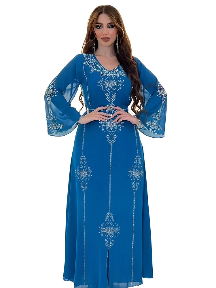 Eid Jalabiya - Women's Muslim Evening Dress, Diamond Lace-Up Arabic Abayas, Long Dresses, Elegant Dress, Educational Dress for Ramadan