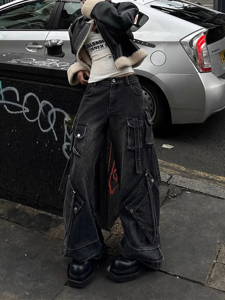 FjRopa Mujer-Jean Cargo Noir Délavé Style Punk Y2K pour Femme, Pantalon Baggy, Vêtements de Styliste, Jambes Larges, 2024