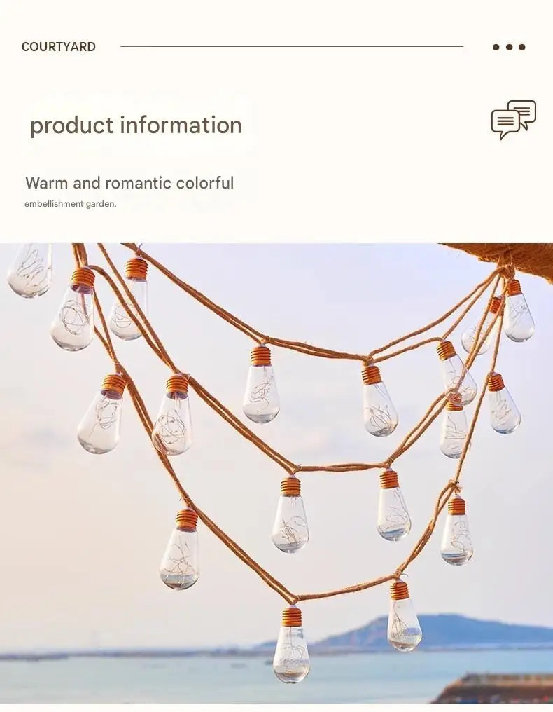 Solar-powered outdoor string lights, 7m, 16 bulbs, waterproof garden lights for patio, fence, path, yard, porch, railing, bar, Christmas decoration