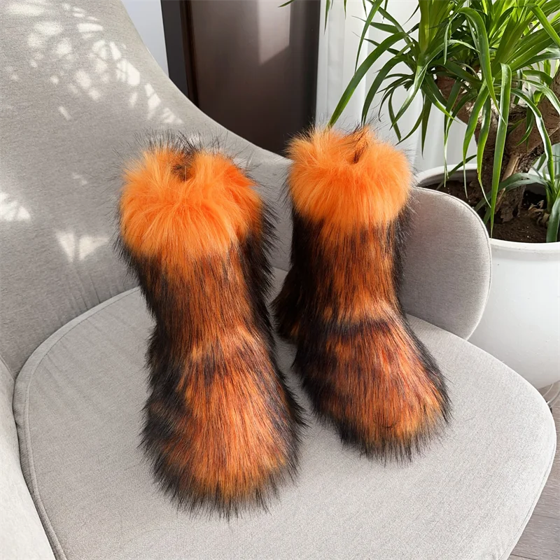 Nouveau Hiver fourrure une pièce fourrure de raton laveur femme bottes de neige chaussures de fourrure en plein air mi jambe bottes