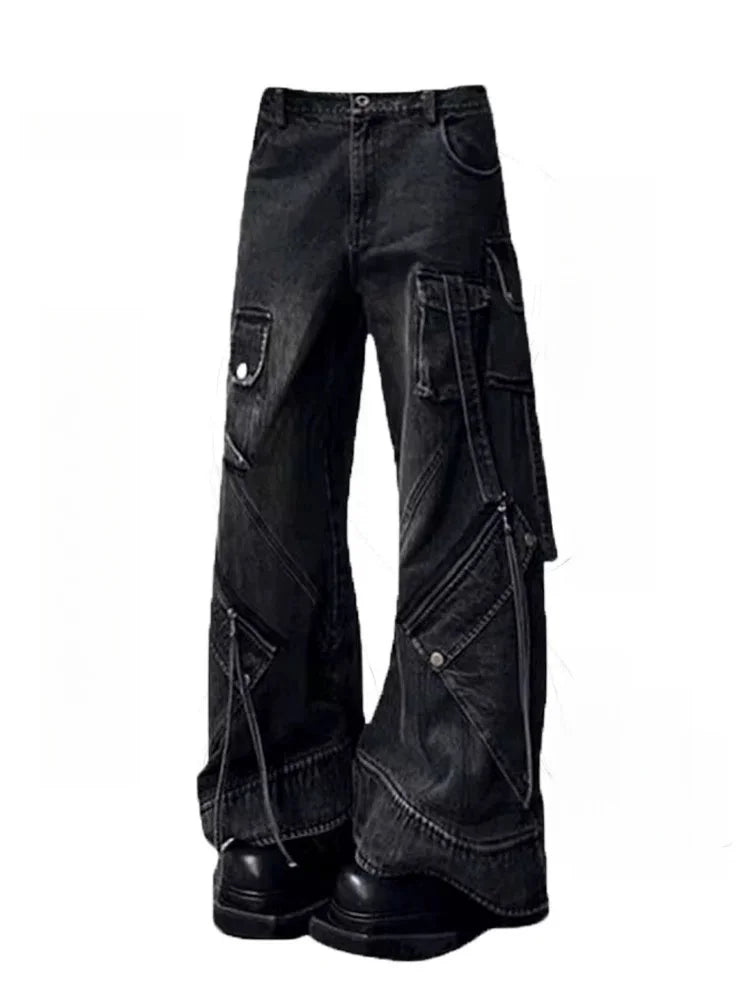 FjRopa Mujer-Jean Cargo Noir Délavé Style Punk Y2K pour Femme, Pantalon Baggy, Vêtements de Styliste, Jambes Larges, 2024