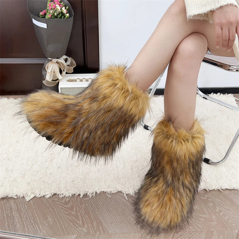 Nouveau Hiver fourrure une pièce fourrure de raton laveur femme bottes de neige chaussures de fourrure en plein air mi jambe bottes