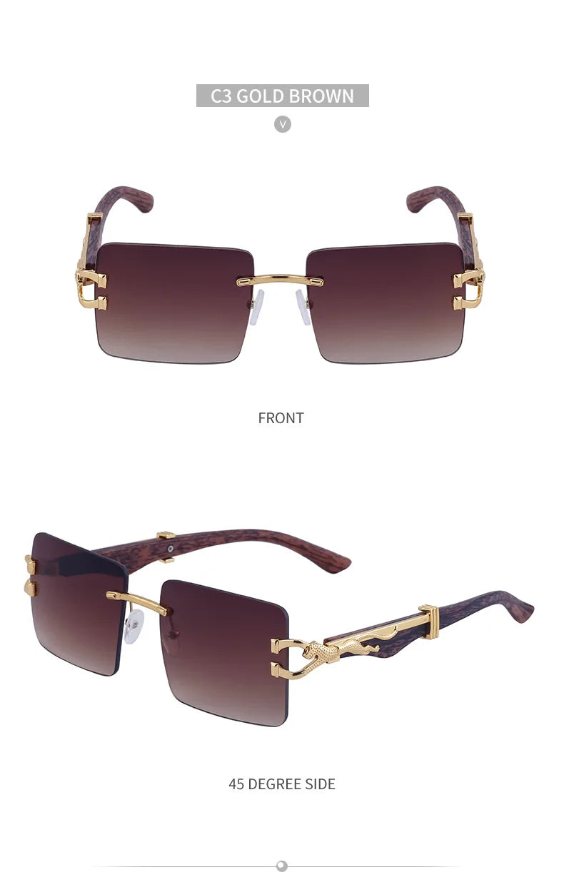 Frameless square wooden sunglasses for men and women, vintage, fashionable, luxury, retro, 2023