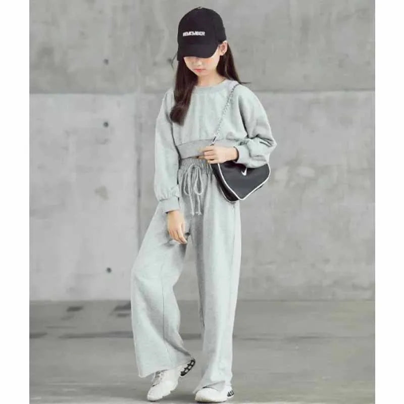 Girls' solid color outfit set, long-sleeved cropped sweater and pants, 2 pieces, new spring-autumn fashion, casual suit for children aged 4 to 12 years