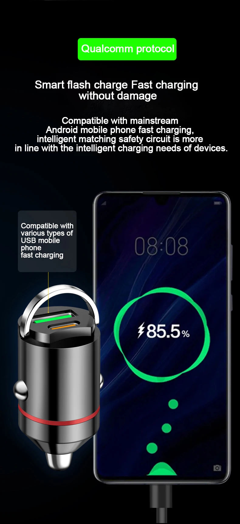 Smart car charger with mini rib ring, USB + PD port, GNE charger, PD30W