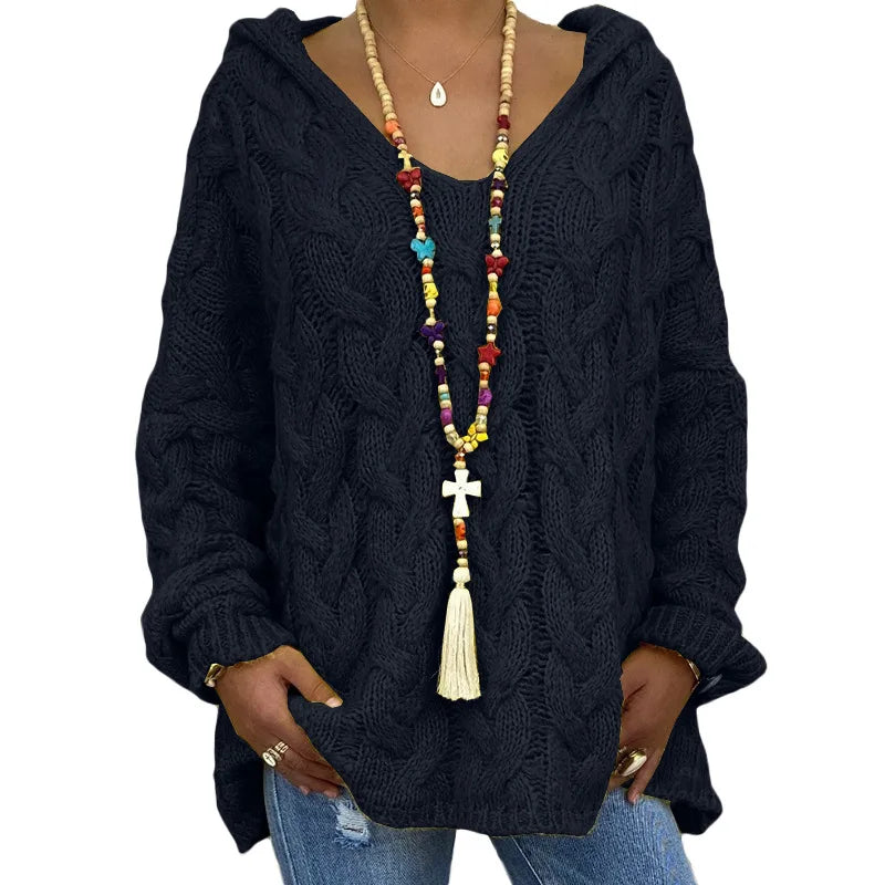 20 Colors Women's Loose Twist Knot Knitted Sweaters Autumn Winter Women's Hooded Knit Pullover Coats XXBLH-1058
