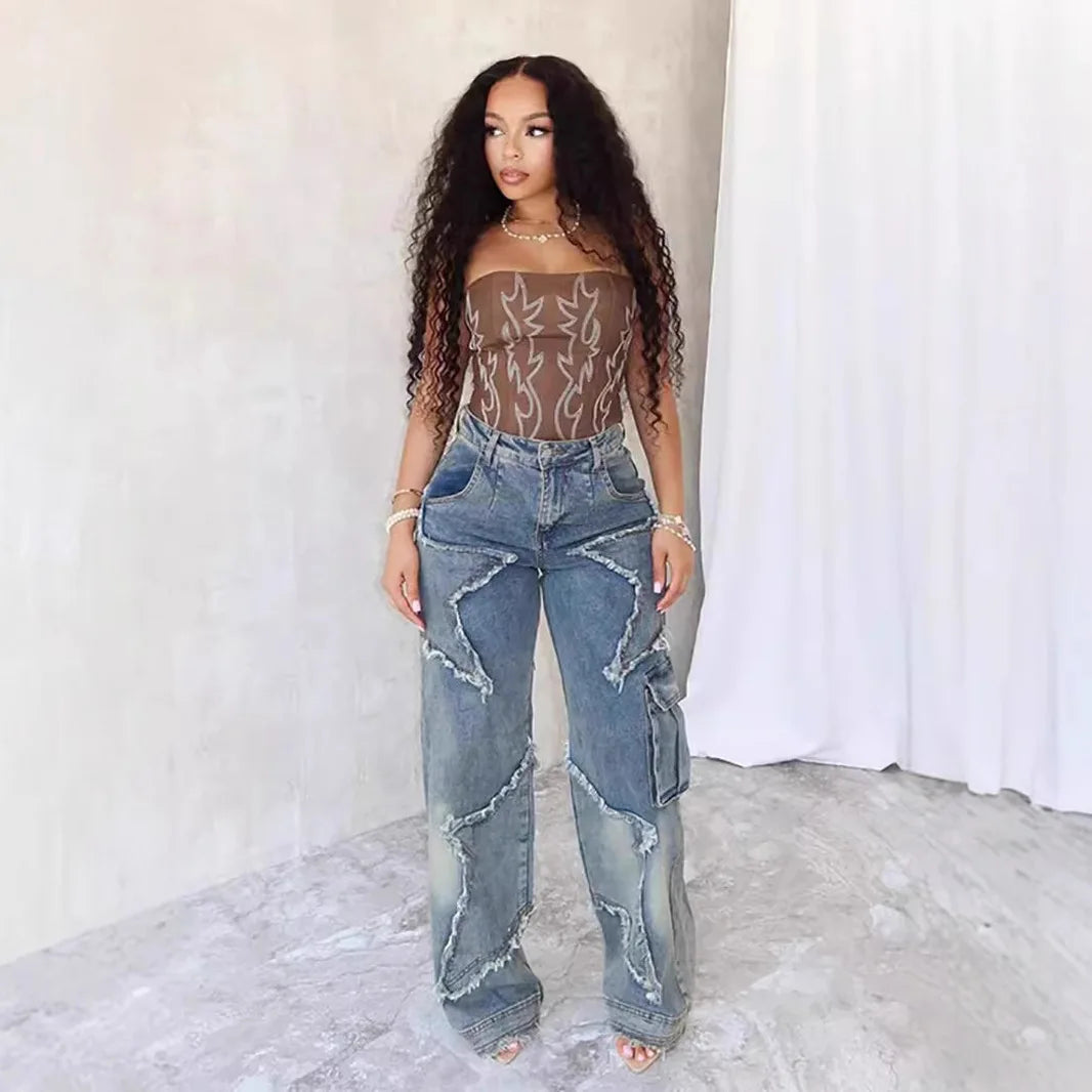 Women's relaxed, straight-leg, wide-leg denim jeans with star tassel detail, comfortable, loose fit, new autumn/winter collection