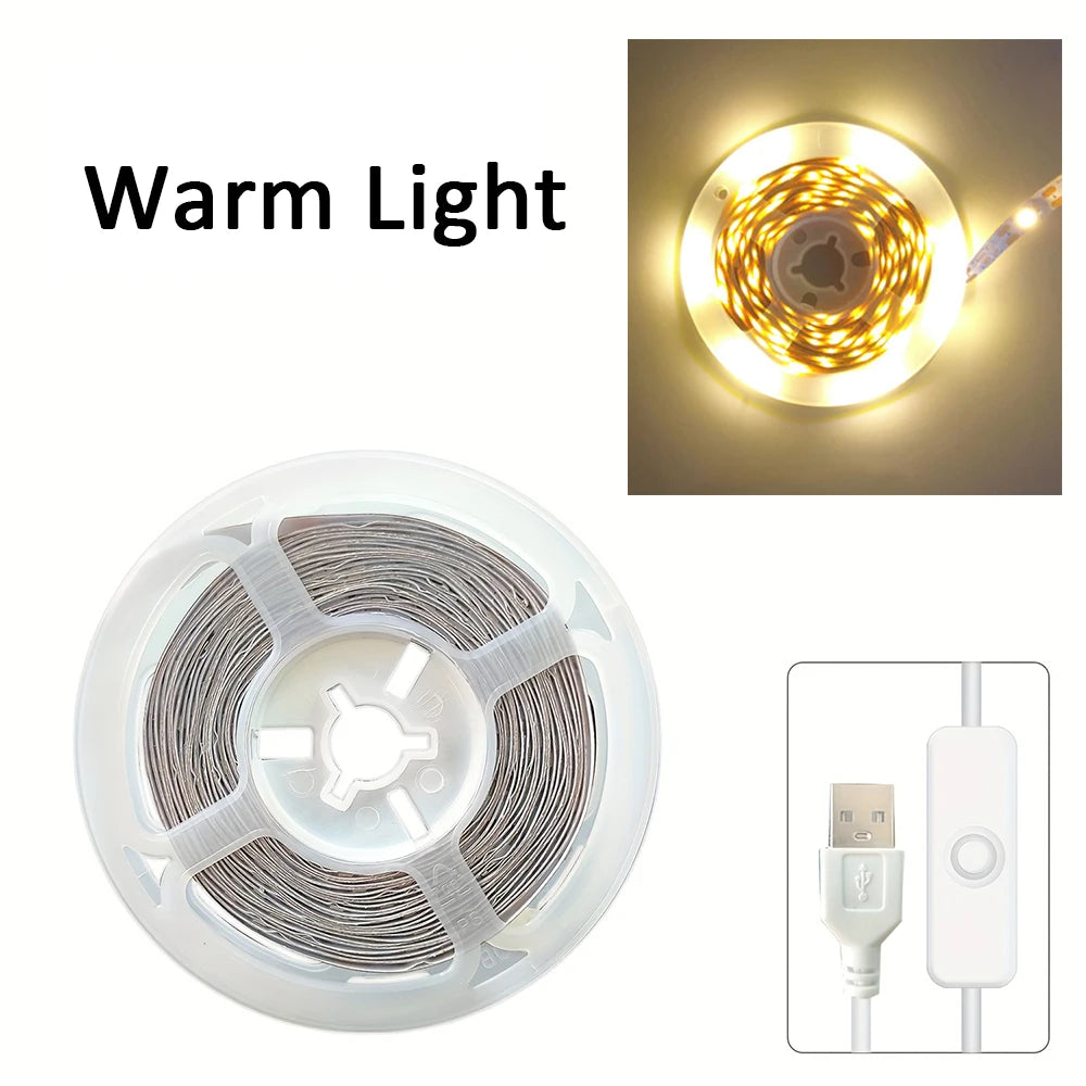 USB DC 5V 2835 LED strip light, white/warm white, with on/off switch, for bedroom, mirror, wardrobe, cabinet, TV
