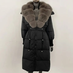 Doudoune longue avec col en fourrure pour femme, pardessus en fourrure de renard, longueur aux genoux, à la mode, chaude, cintrée à la taille, vêtements d'extérieur amincissants