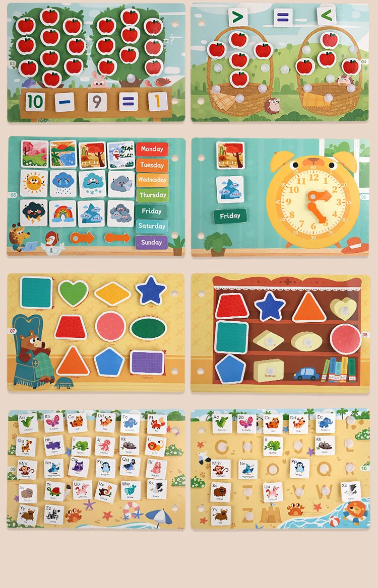 Livre silencieux de l'heure météo, jouets interactifs d'éveil éducatif pour enfants, comprenant la cognition météo, l'apprentissage des dates, les opérations numériques, la correspondance des formes et autres thèmes,