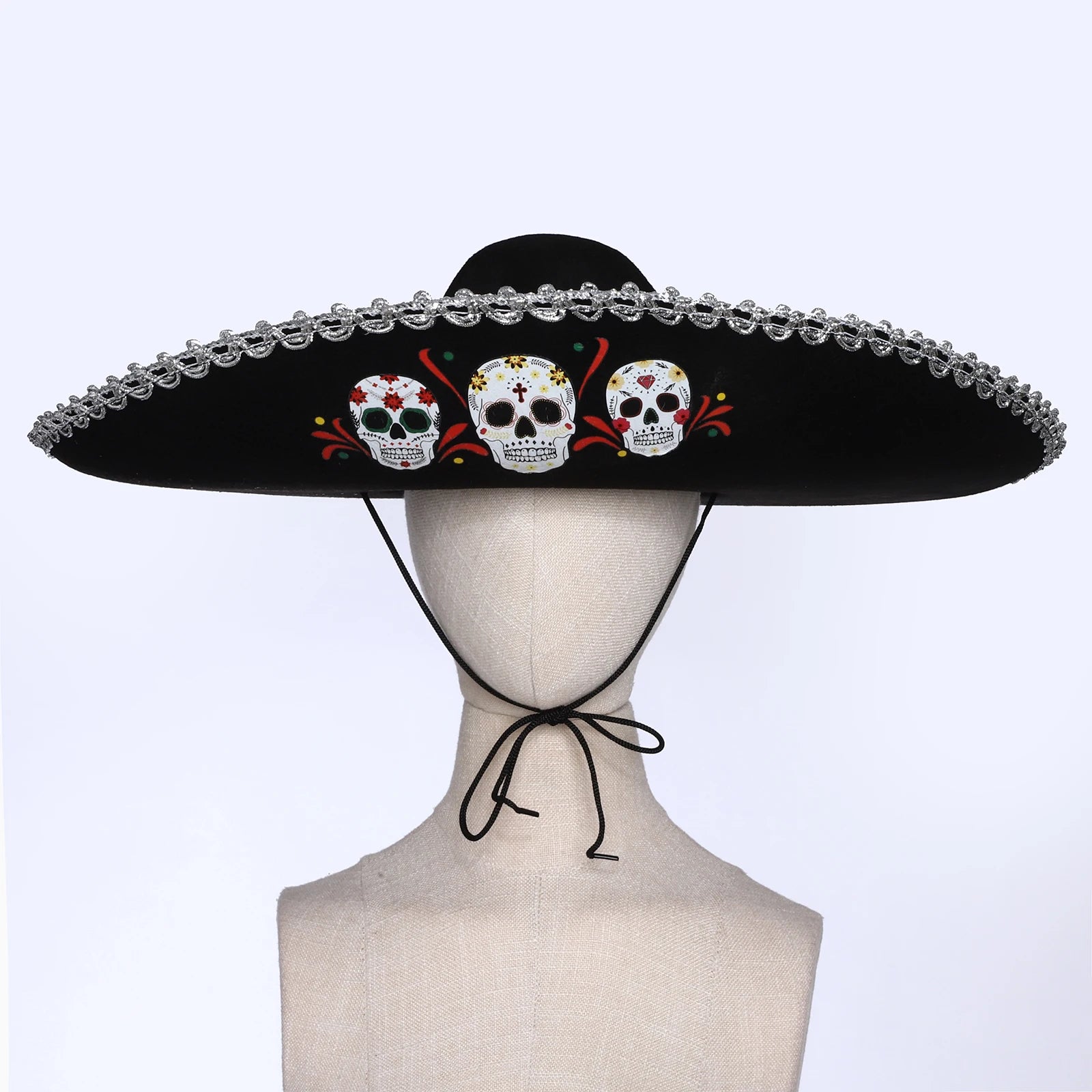 Chapeau mexicain unisexe pour adultes et enfants, motif de crâne tressé métallique, chapeau noir à large bord pour l'été, chapeau de soleil en plein air, accessoire de Cosplay d'halloween