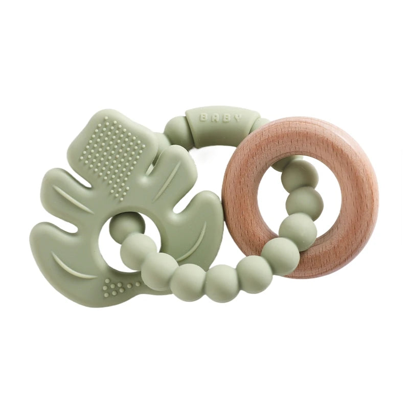 Anneau de dentition en Silicone pour bébé, 1 pièce, sans BPA, Bracelet en Silicone, feuille, jouets de dentition, anneau en bois, dent d'allaitement, jouets cadeaux pour nouveau-né